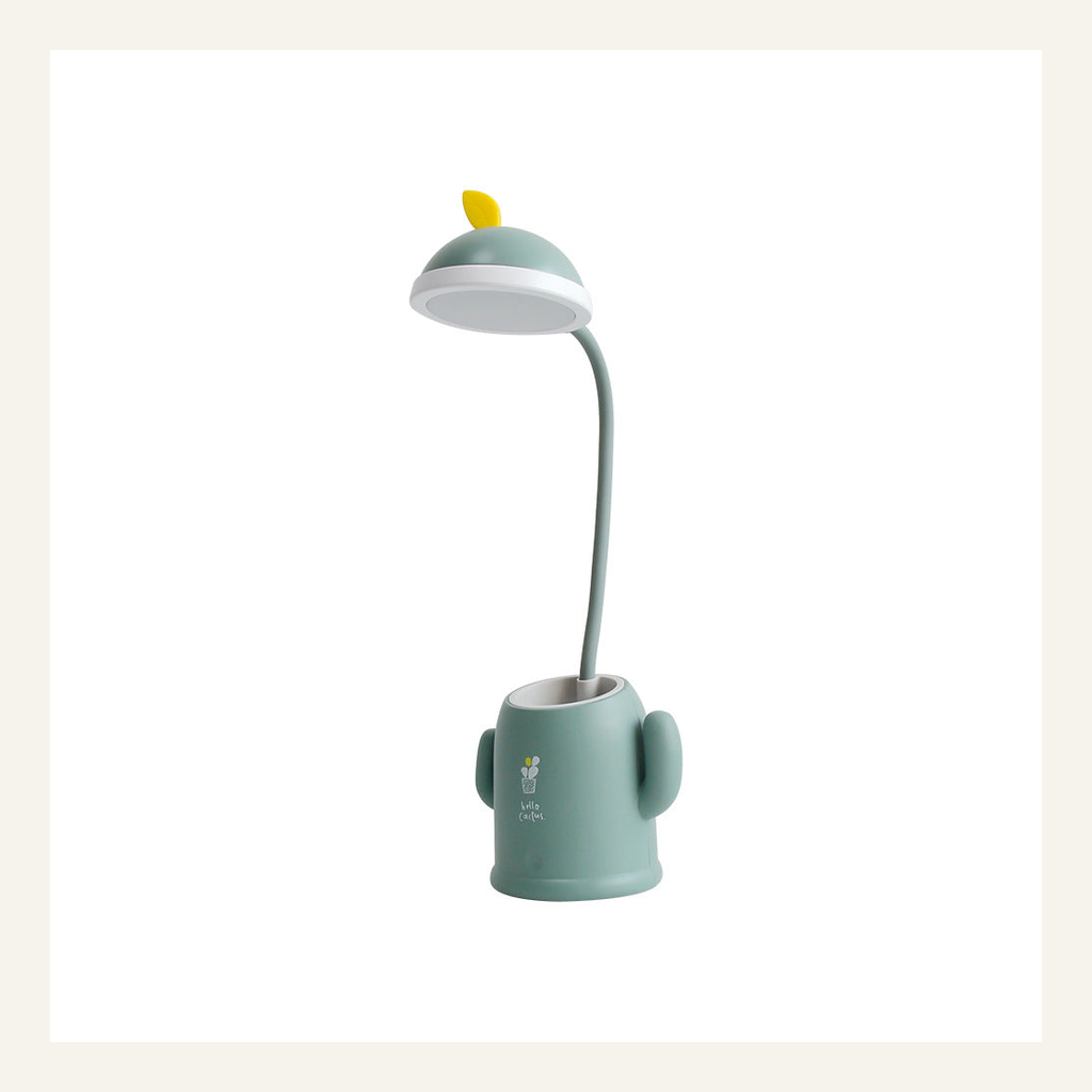 Green cactus desk lamp with pen holder full product view