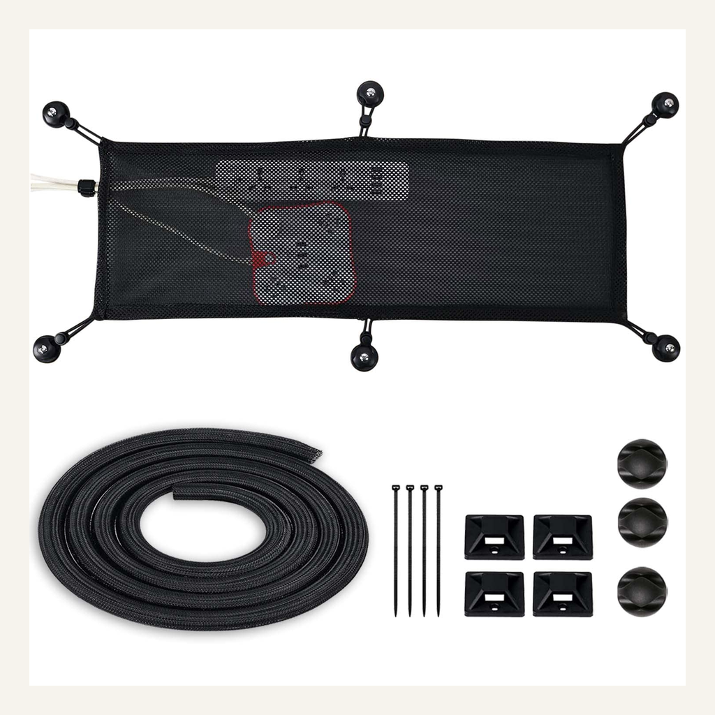 Black under-desk cable net kit full view