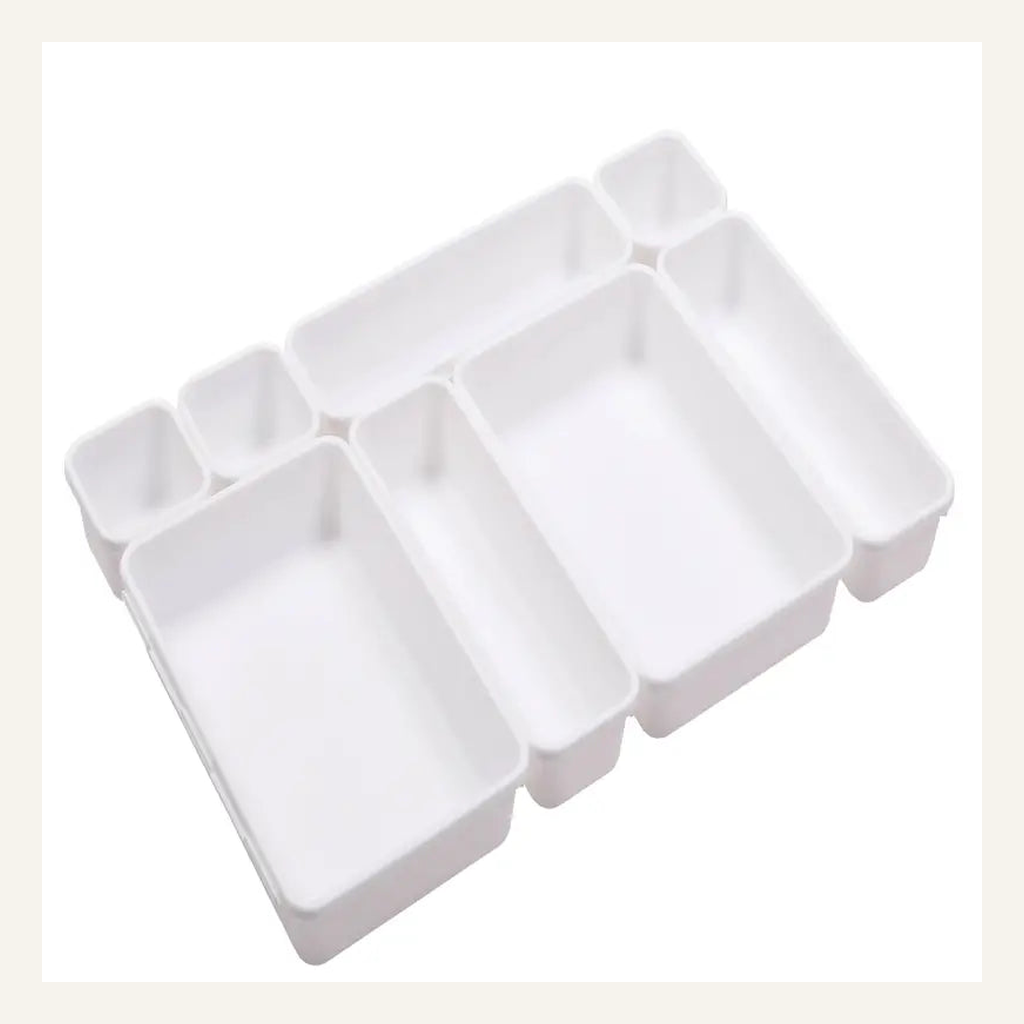 White eight-piece interlocking drawer organizer set full view