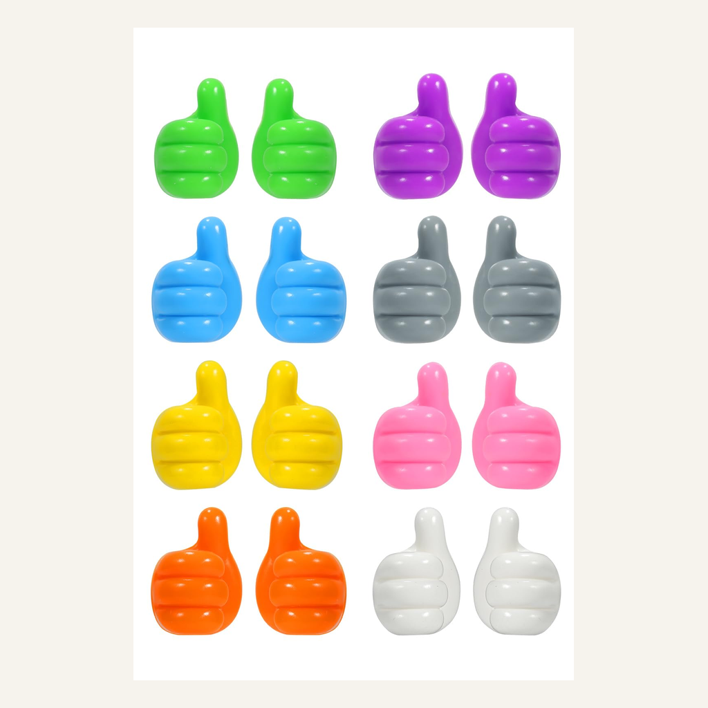 Sixteen multicolor thumb-shaped wall hooks