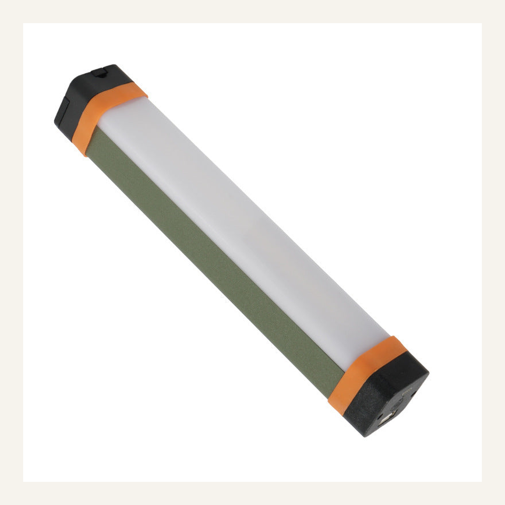 Olive and orange rechargeable camping light full product view