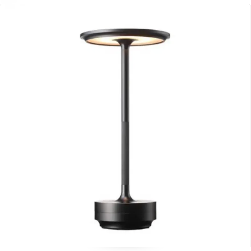 Black rechargeable metal table lamp full product view