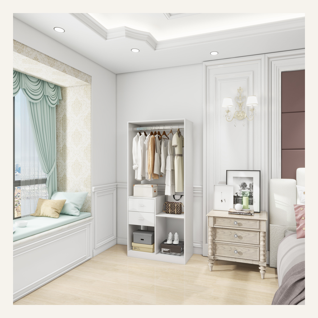 White freestanding closet organizer in a bedroom setting