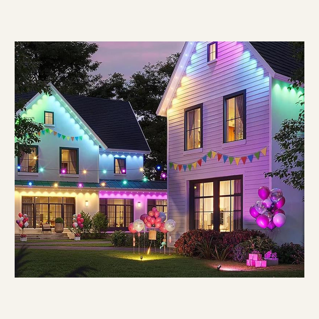 RGB outdoor lights installed on a house at dusk