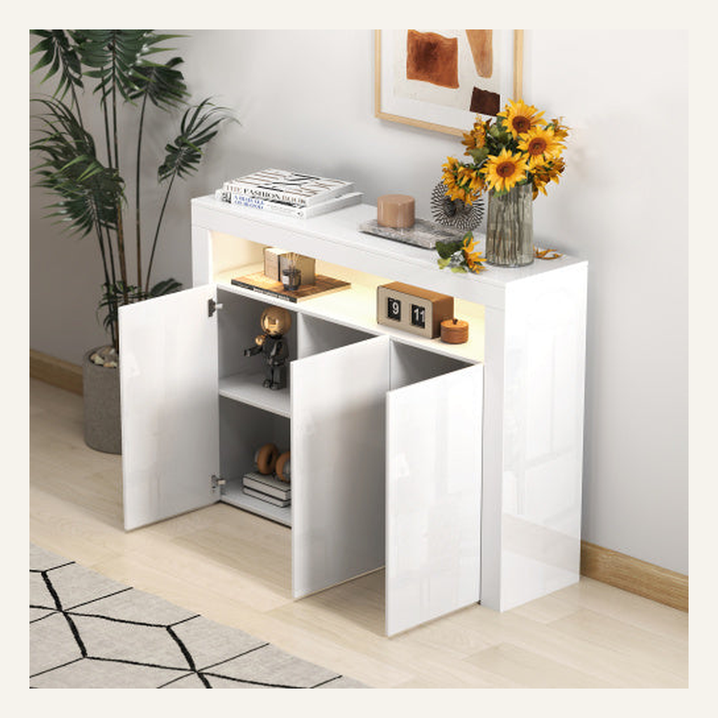 White three-door sideboard cabinet with open storage and interior light