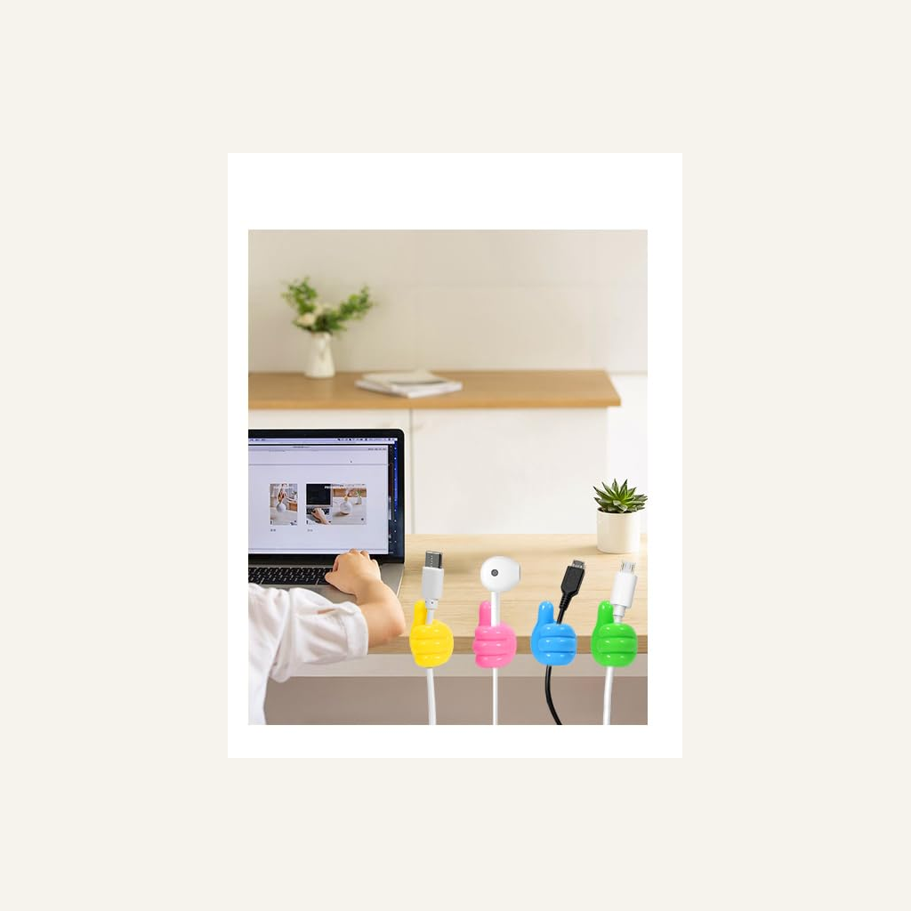 Thumb-shaped hooks organizing cables along a desk edge