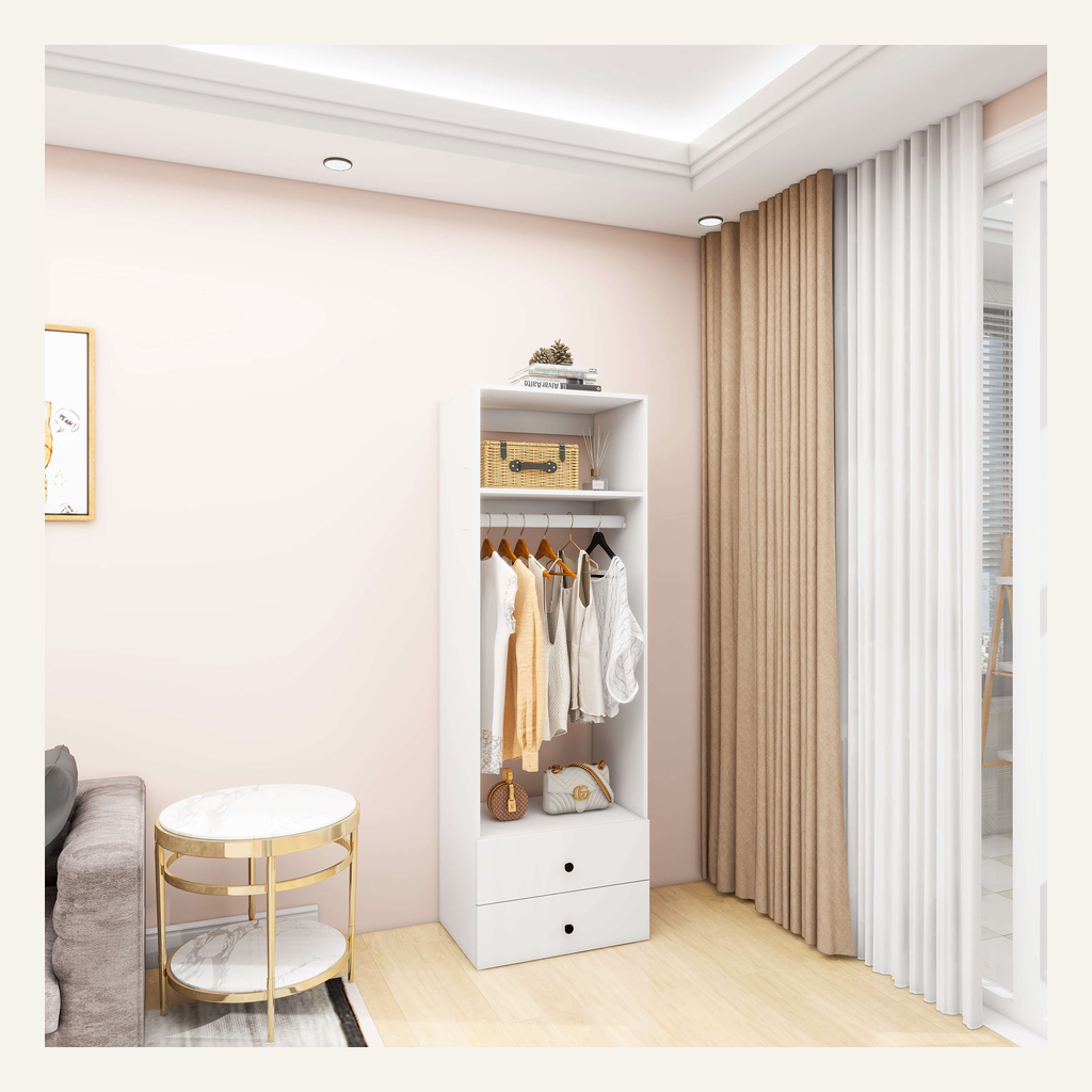 White two-drawer closet organizer in a room setting