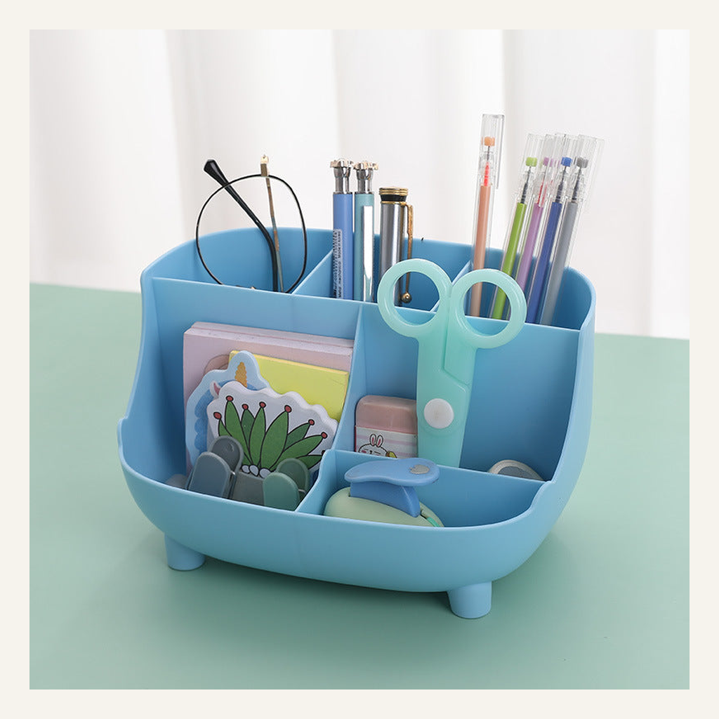Light blue six-compartment desktop organizer with stationery