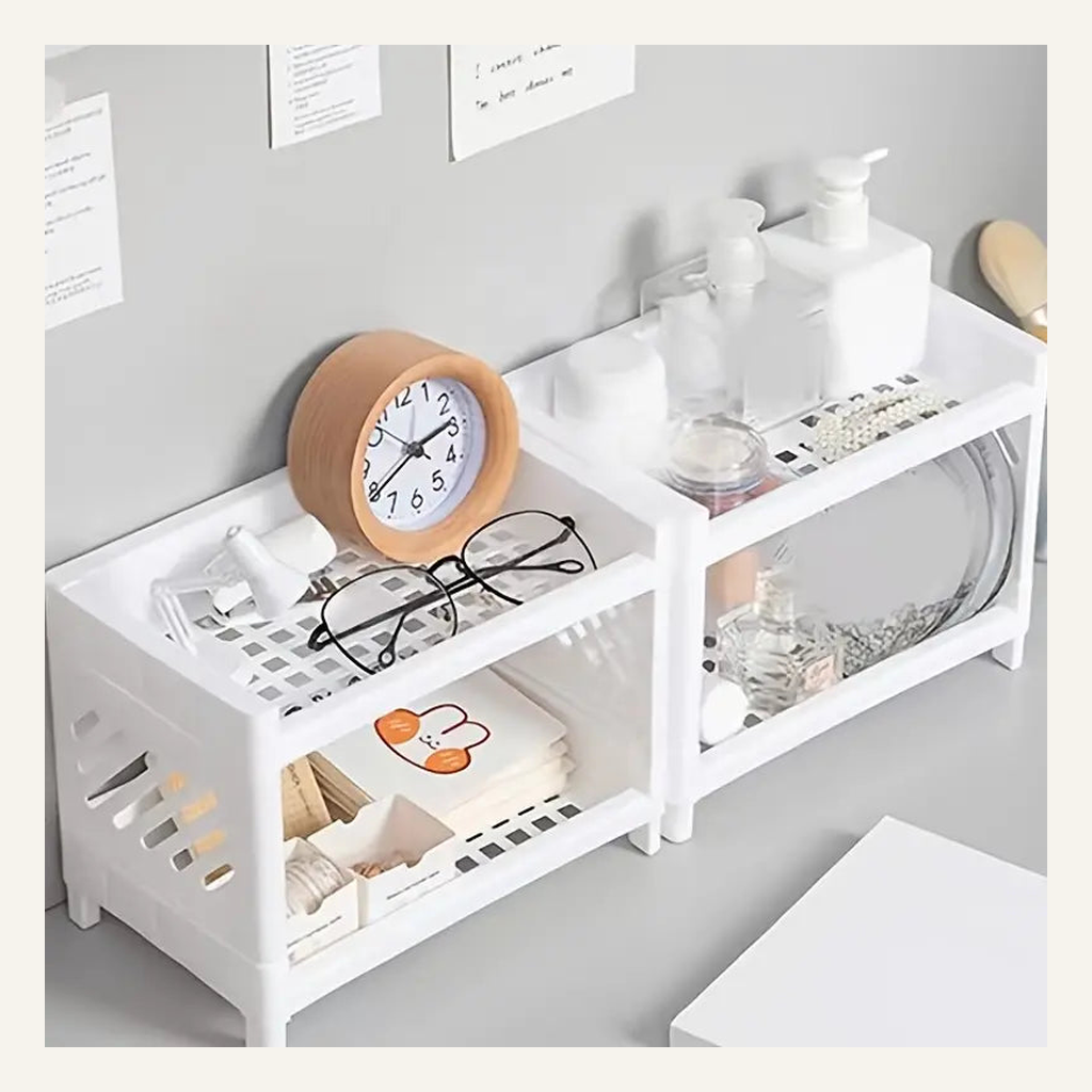 White two-tier desk shelf organizing office items