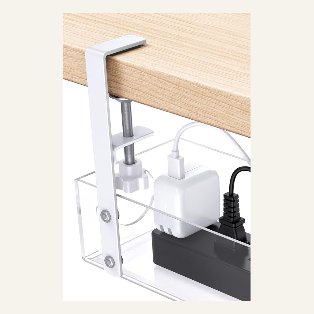Clear under-desk cable tray clamp and mount detail