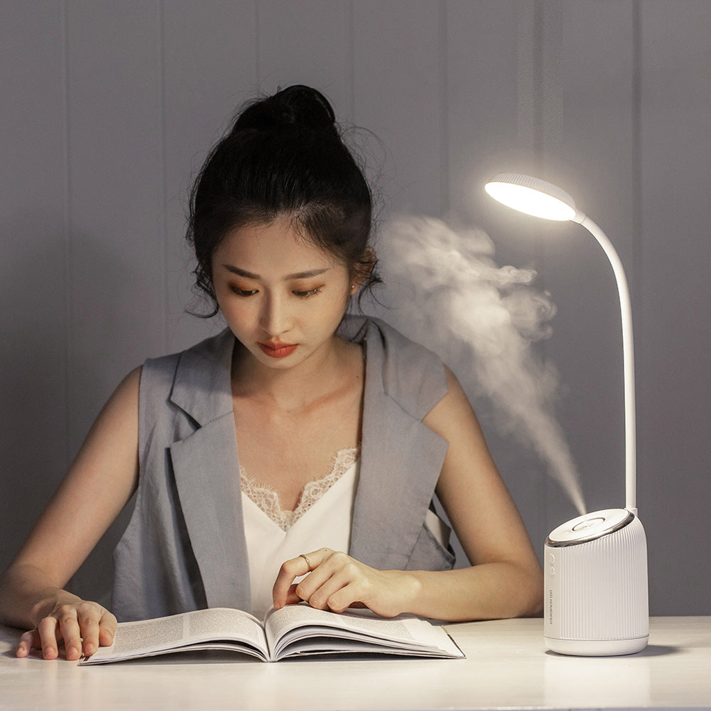 White LED desk lamp and humidifier in reading use