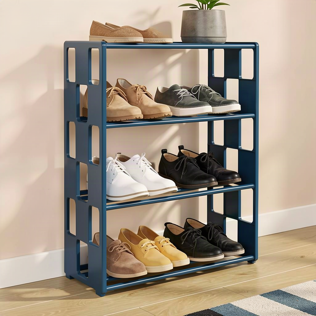 Multi-tier metal shoe rack in an entryway