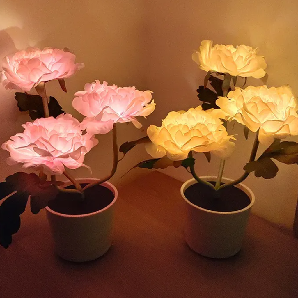 Peony flower table lamps illuminated in low light