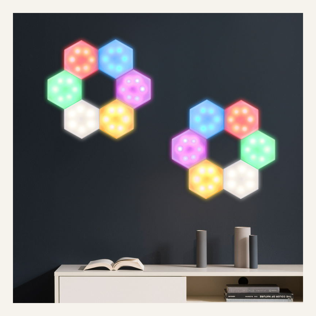 Modular hexagonal LED wall lights in two wall arrangements