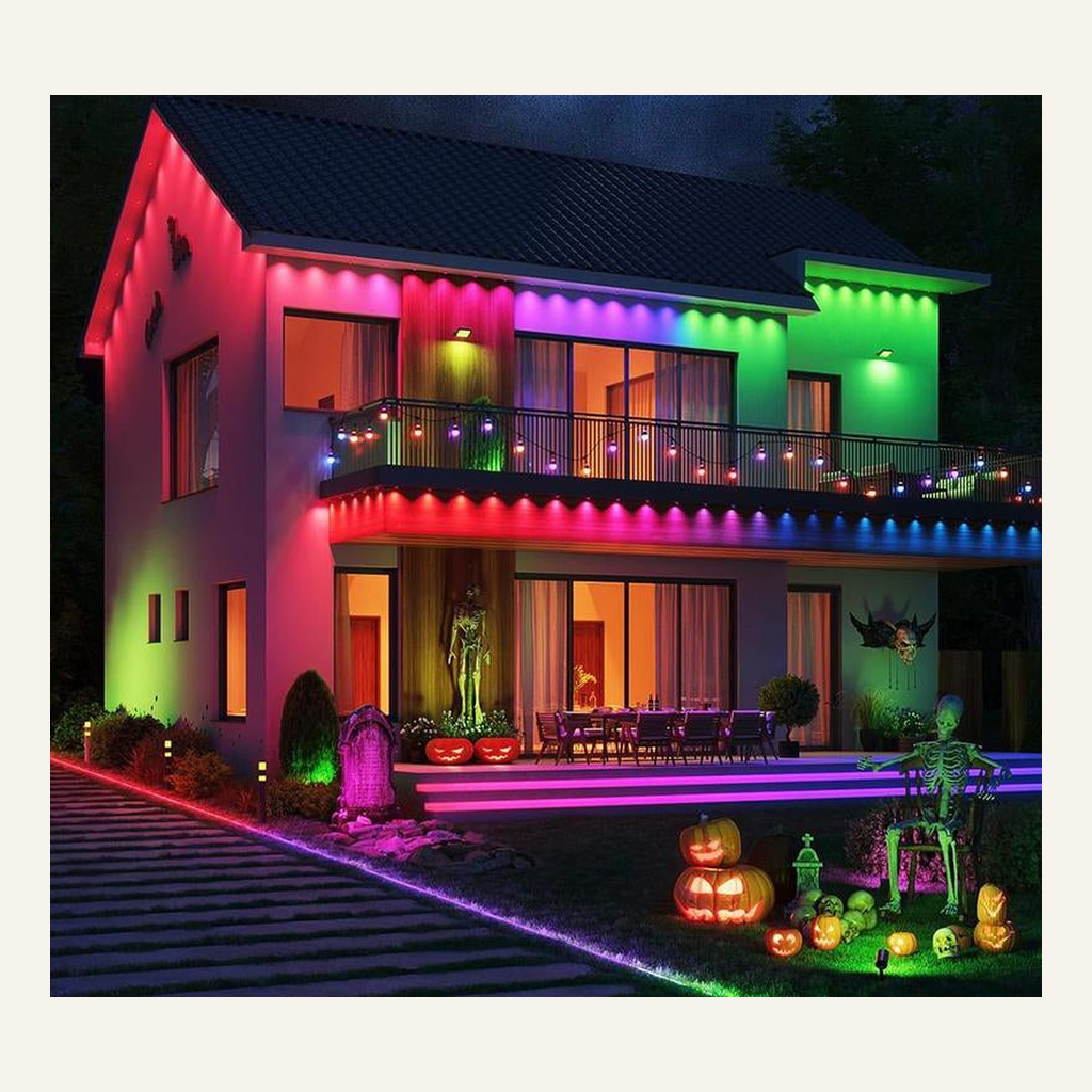 RGB outdoor lights in a Halloween home setting