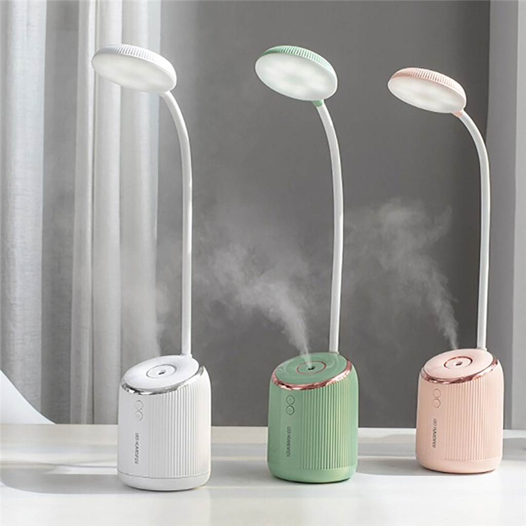 LED desk lamp and humidifier color variants with visible mist