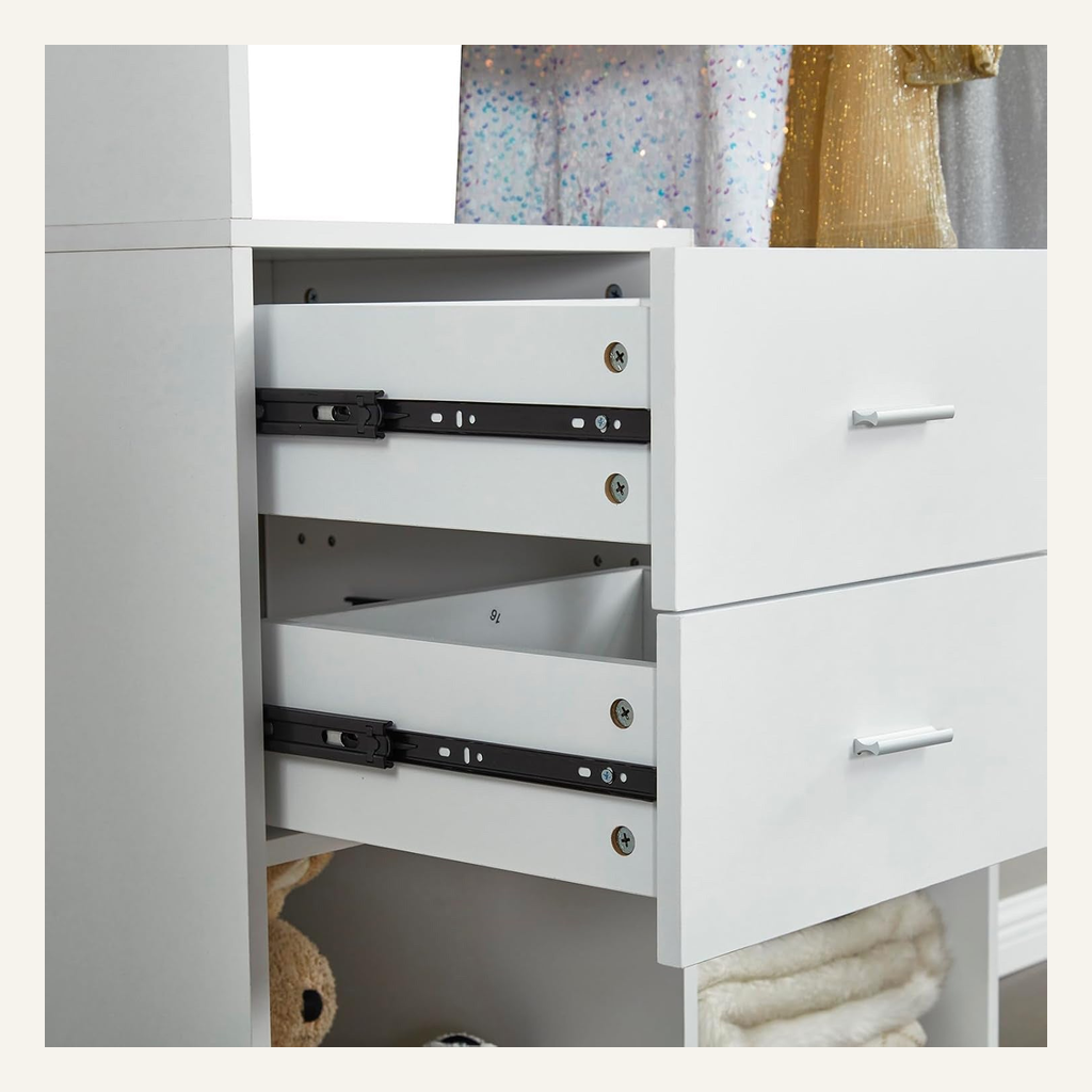 White closet organizer drawer slide detail