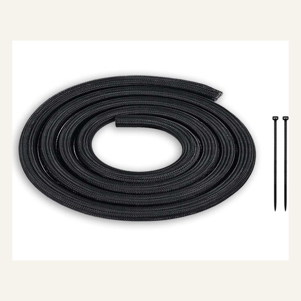 Black braided cable sleeve and cable ties