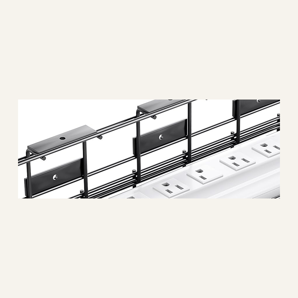 Black under-desk cable tray mounting plate detail