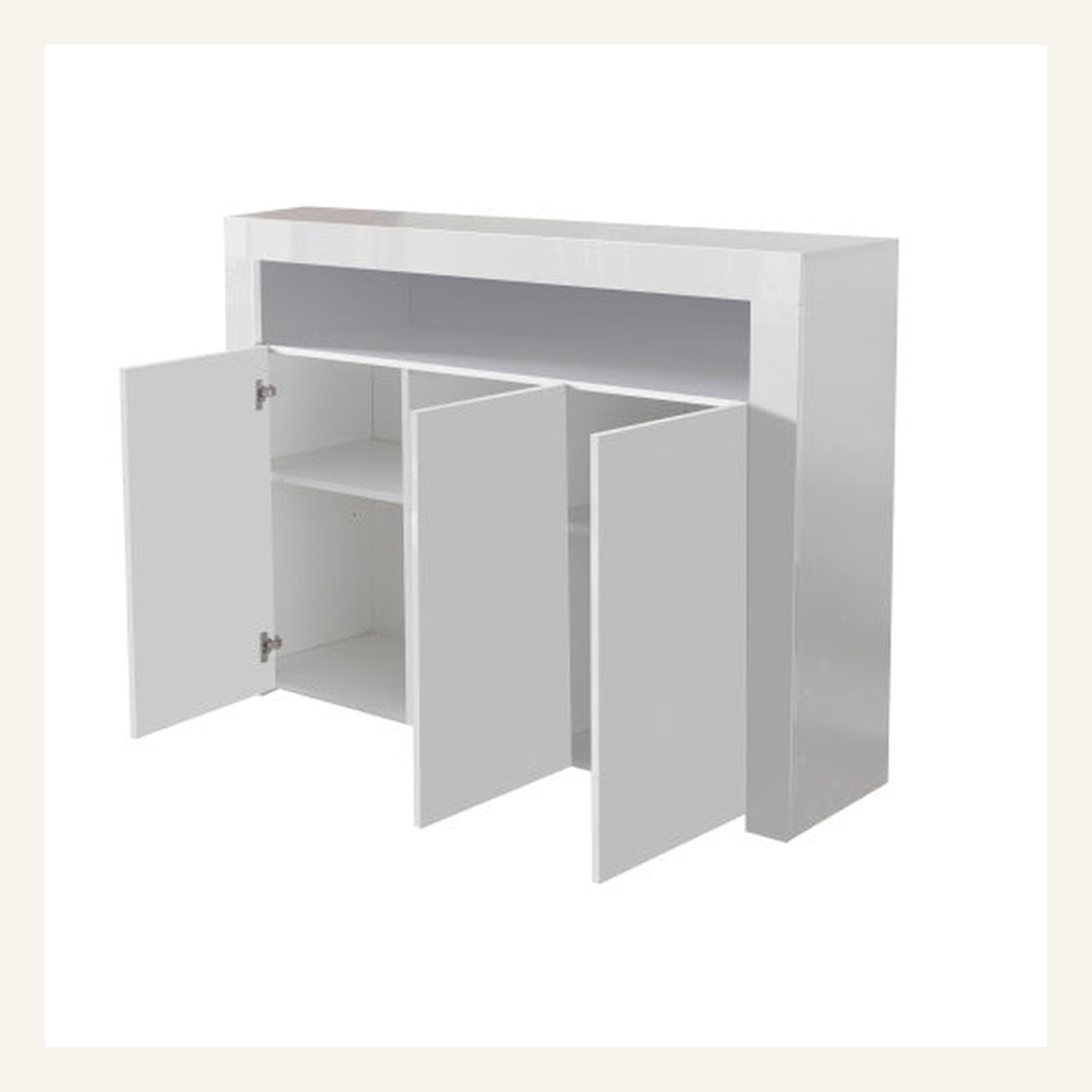 White three-door sideboard cabinet open interior view
