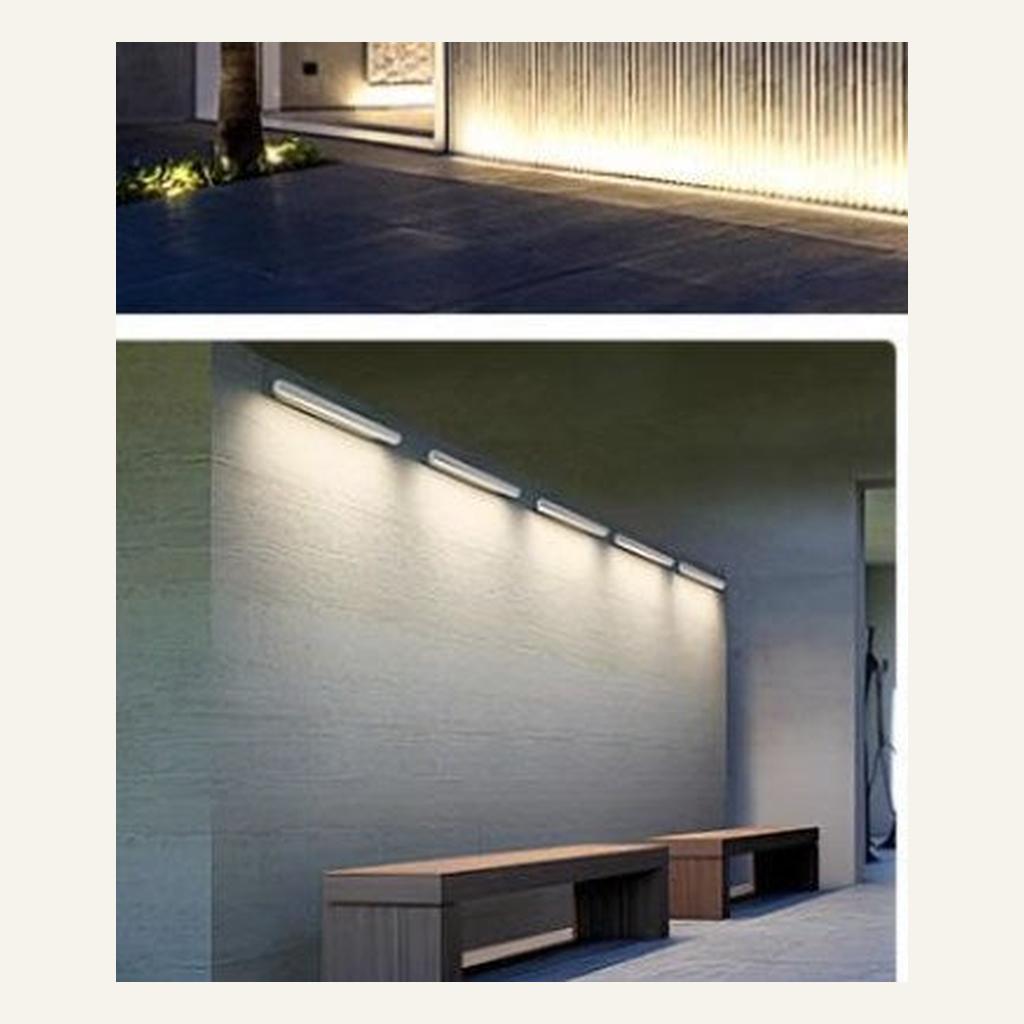 Warm-white LED wall washer illuminating a covered walkway