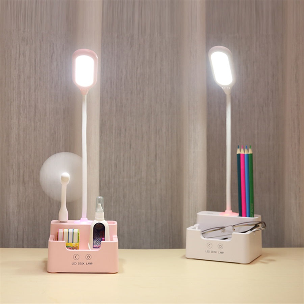 LED desk lamp pen holder and fan accessory variants