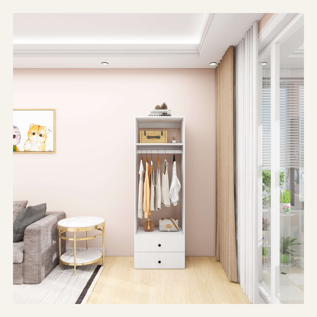White two-drawer closet organizer alternate room view