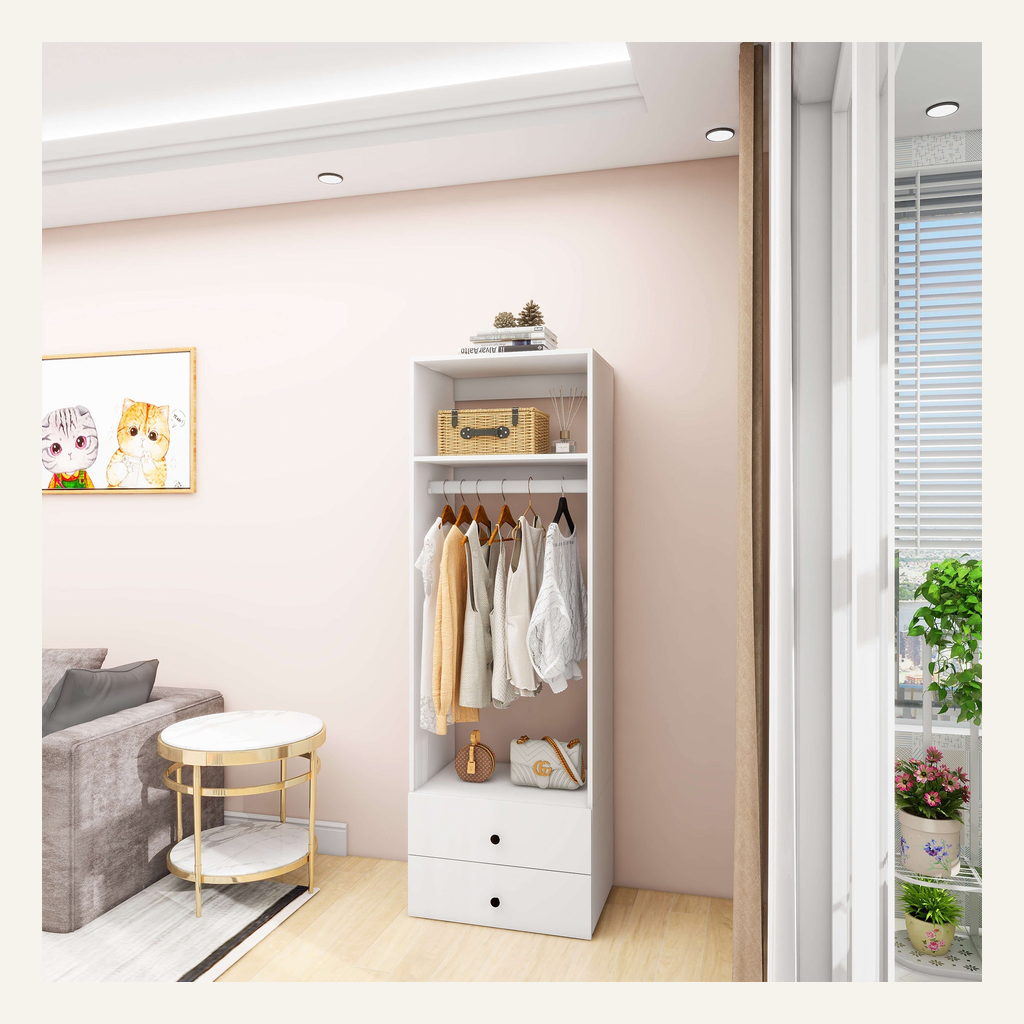 White two-drawer closet organizer with hanging and shelf storage