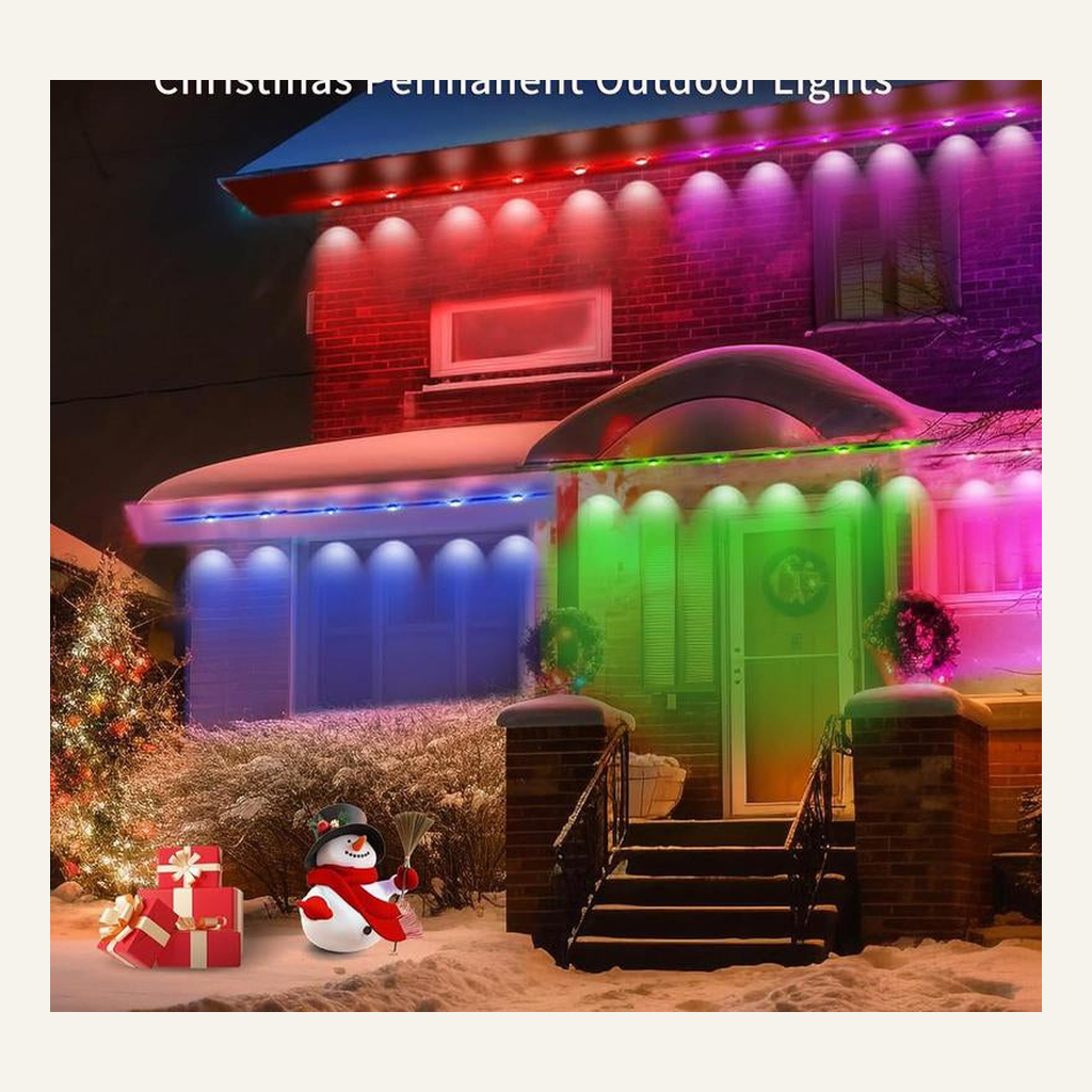 RGB outdoor lights in a winter home setting