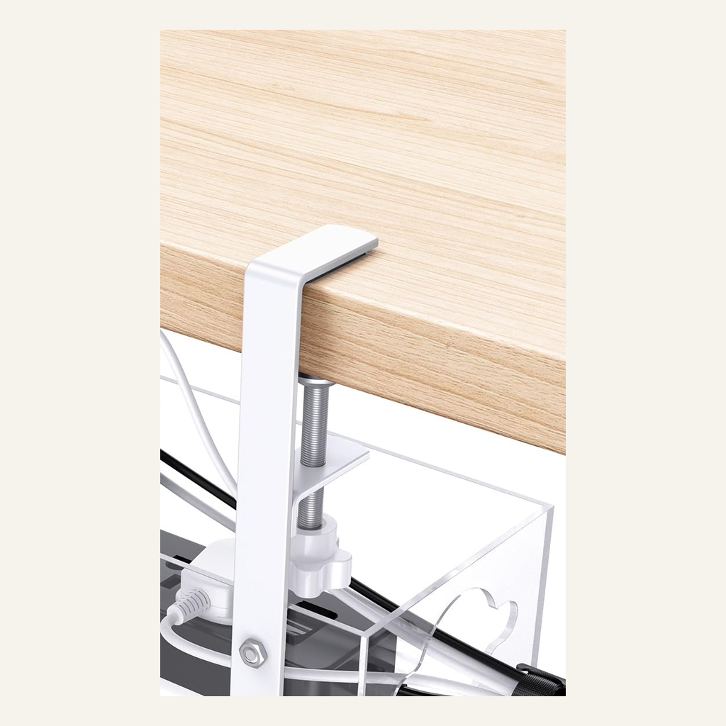Clear under-desk cable tray cable-routing detail