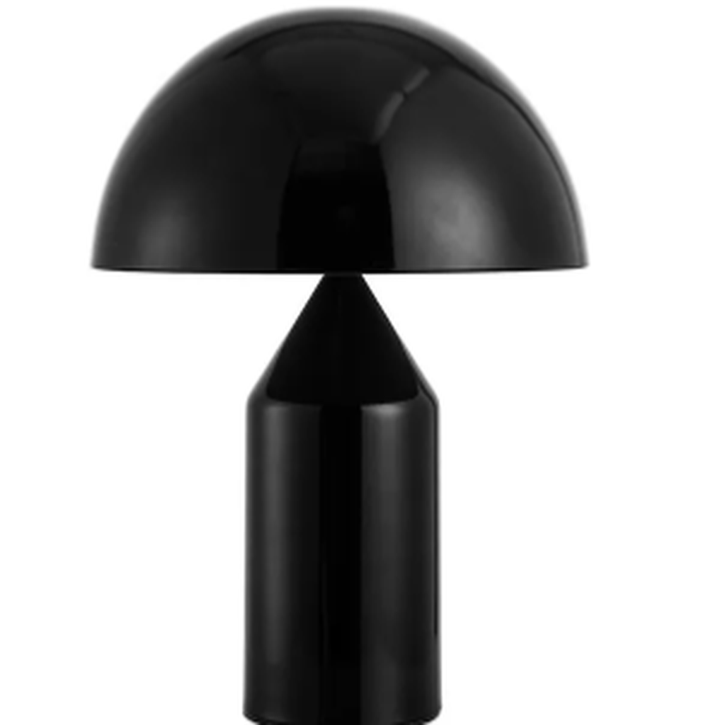 Large glossy black mushroom lamp dome and base detail