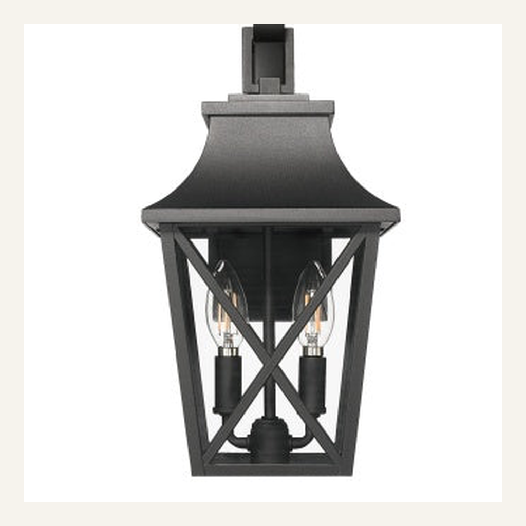 Black outdoor wall lantern glass panels and frame detail