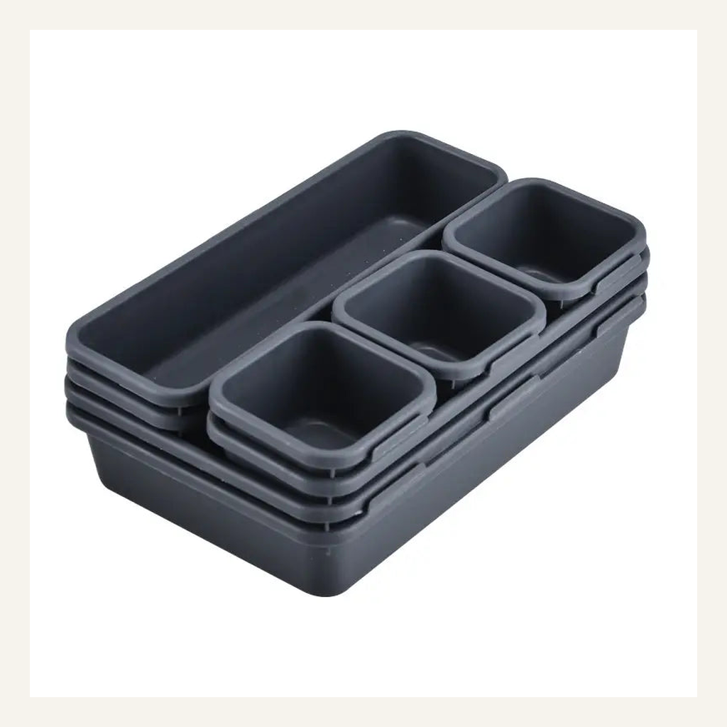 Gray interlocking drawer organizer bins stacked detail