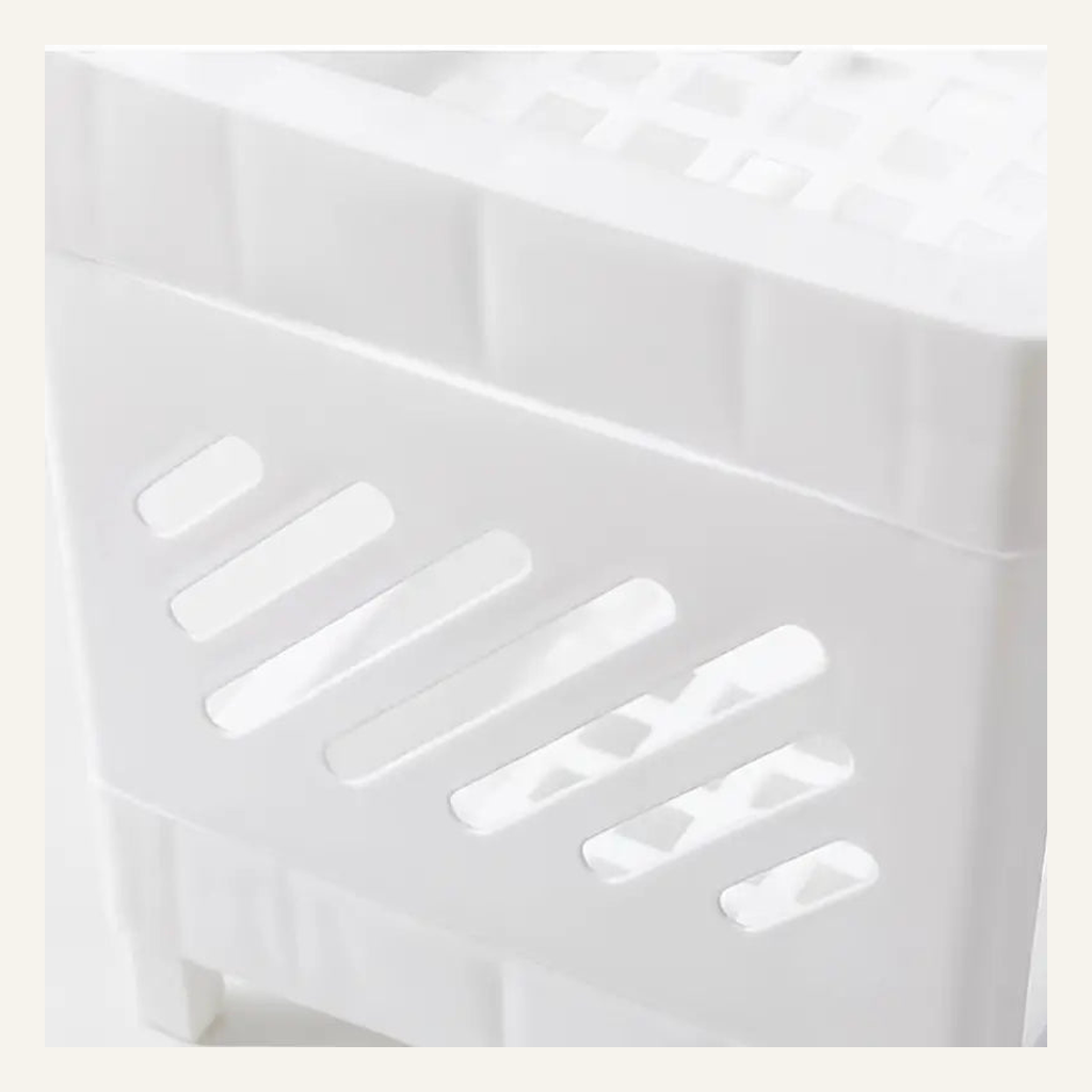 White two-tier shelf slotted side detail