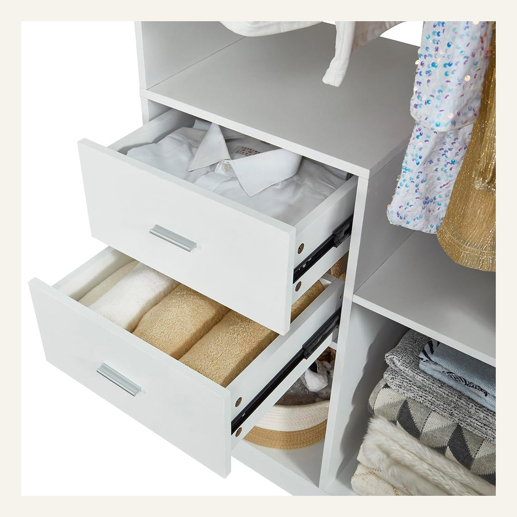White closet organizer drawers holding folded clothing