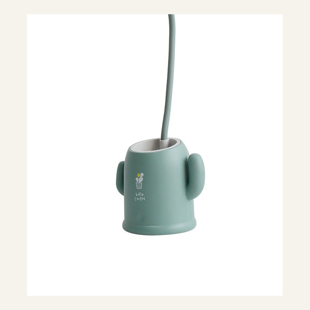 Green cactus desk lamp pen-holder base and flexible neck detail