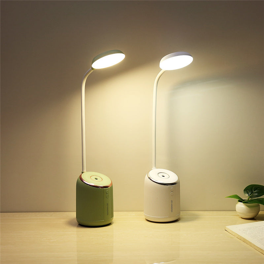 Mint and white LED desk lamp variants illuminated on a desk