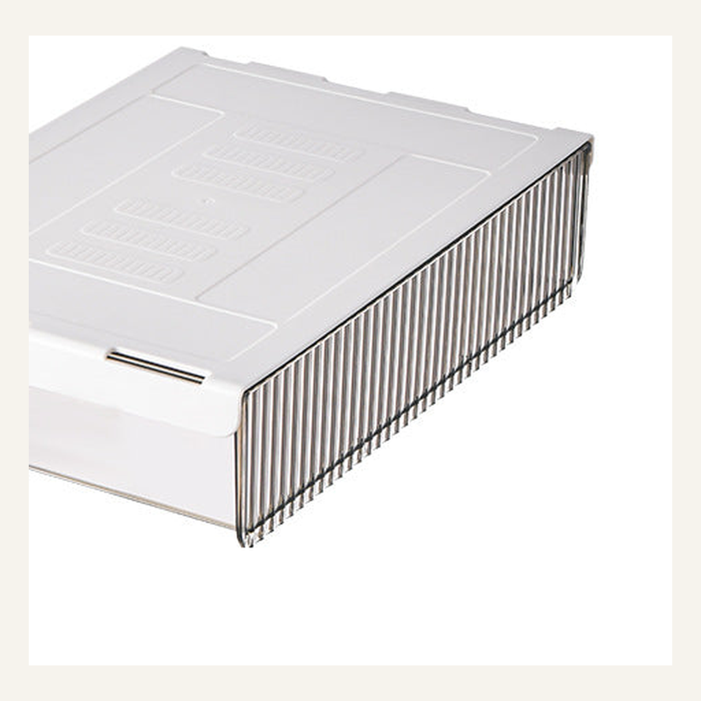 Transparent under-desk drawer lid and ribbed side detail