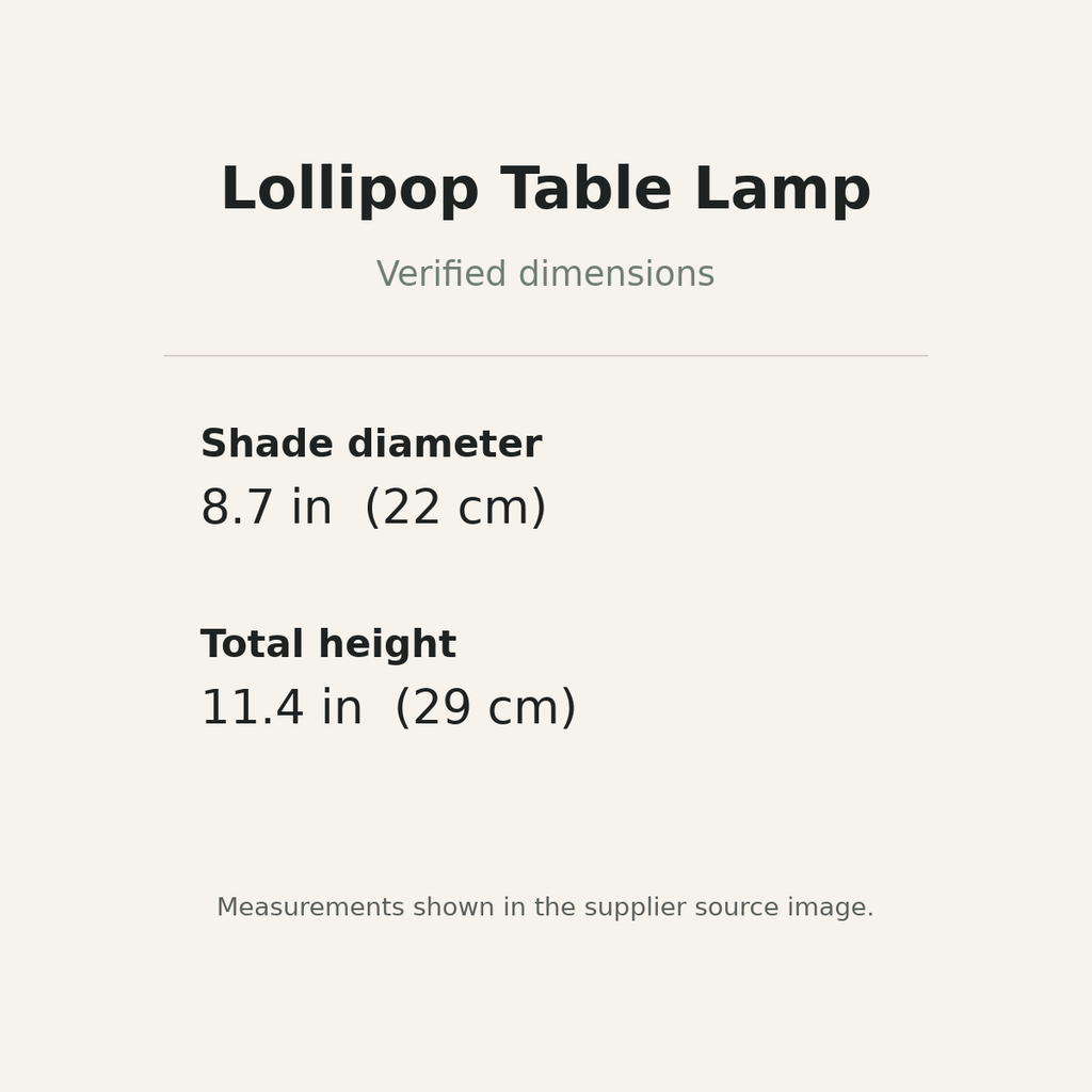 Lollipop table lamp verified dimensions in inches and centimeters