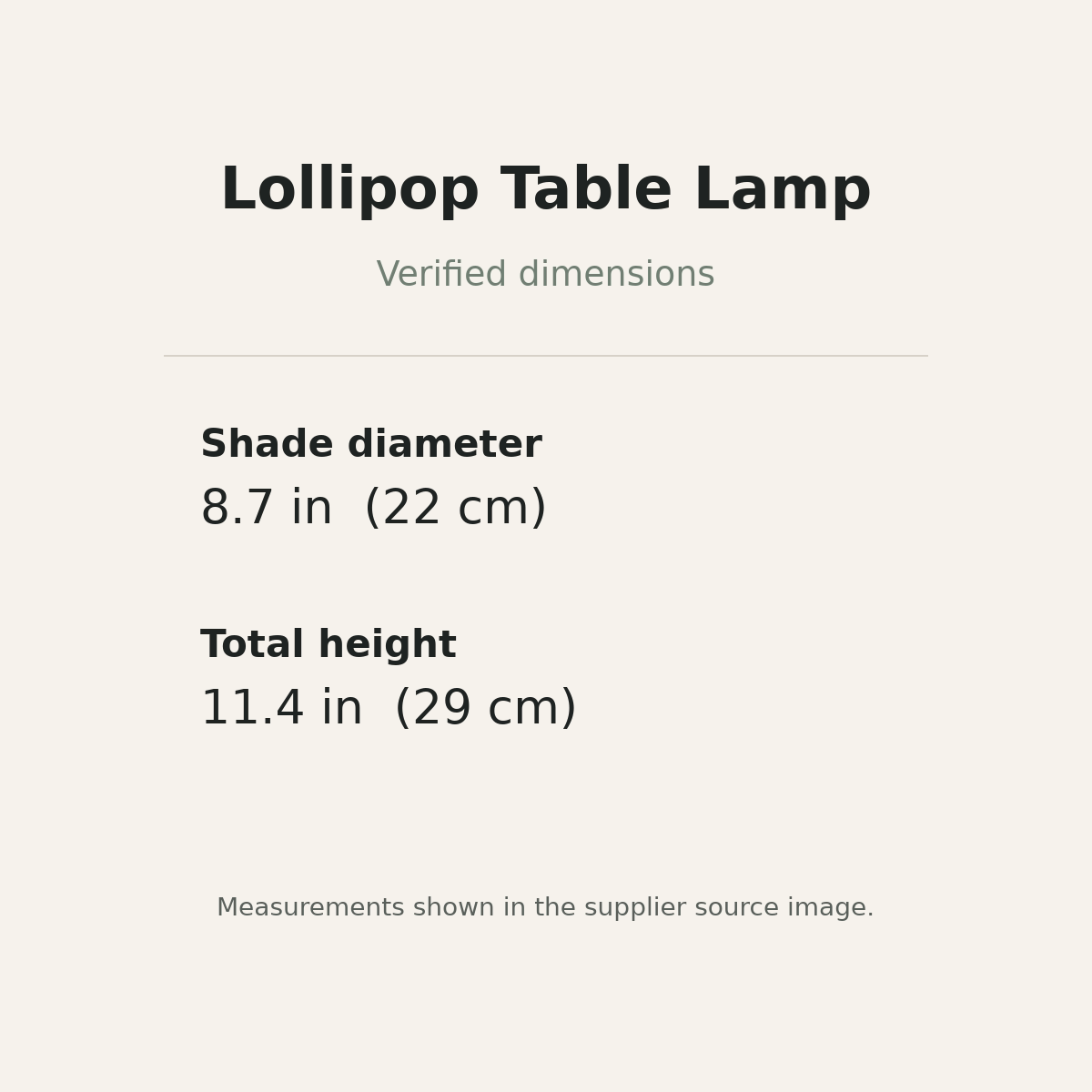 Lollipop table lamp verified dimensions in inches and centimeters