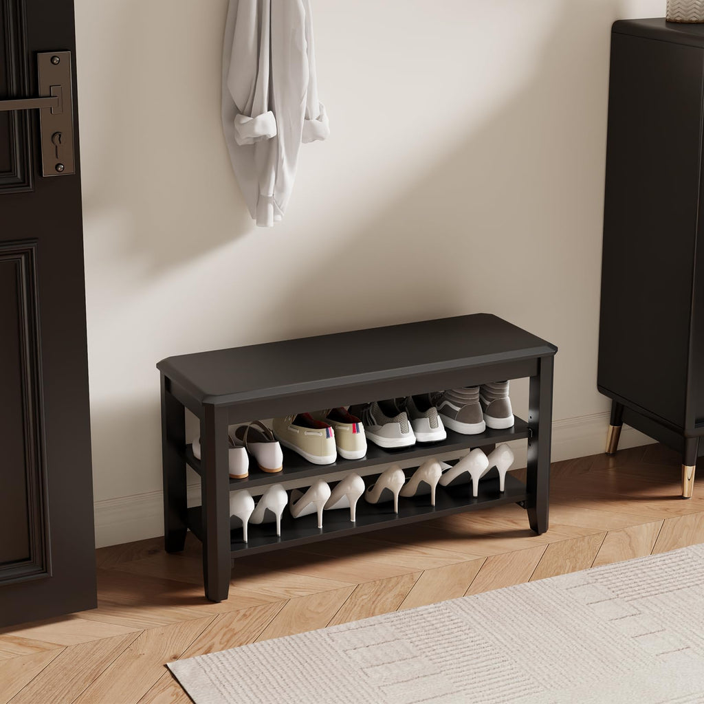 2-Tier Wood Shoe Bench with Adjustable Shelf
