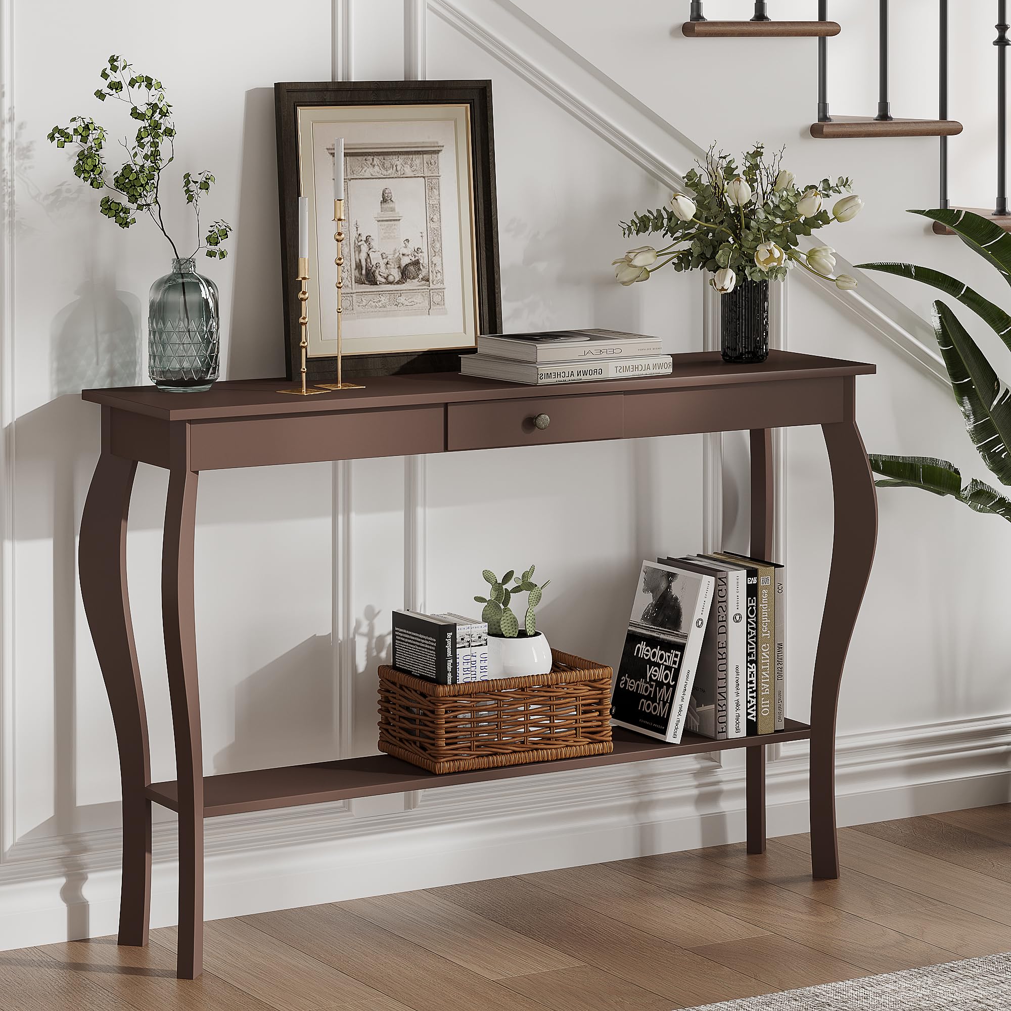 Narrow Console Table with Drawer and Shelves, 47-Inch