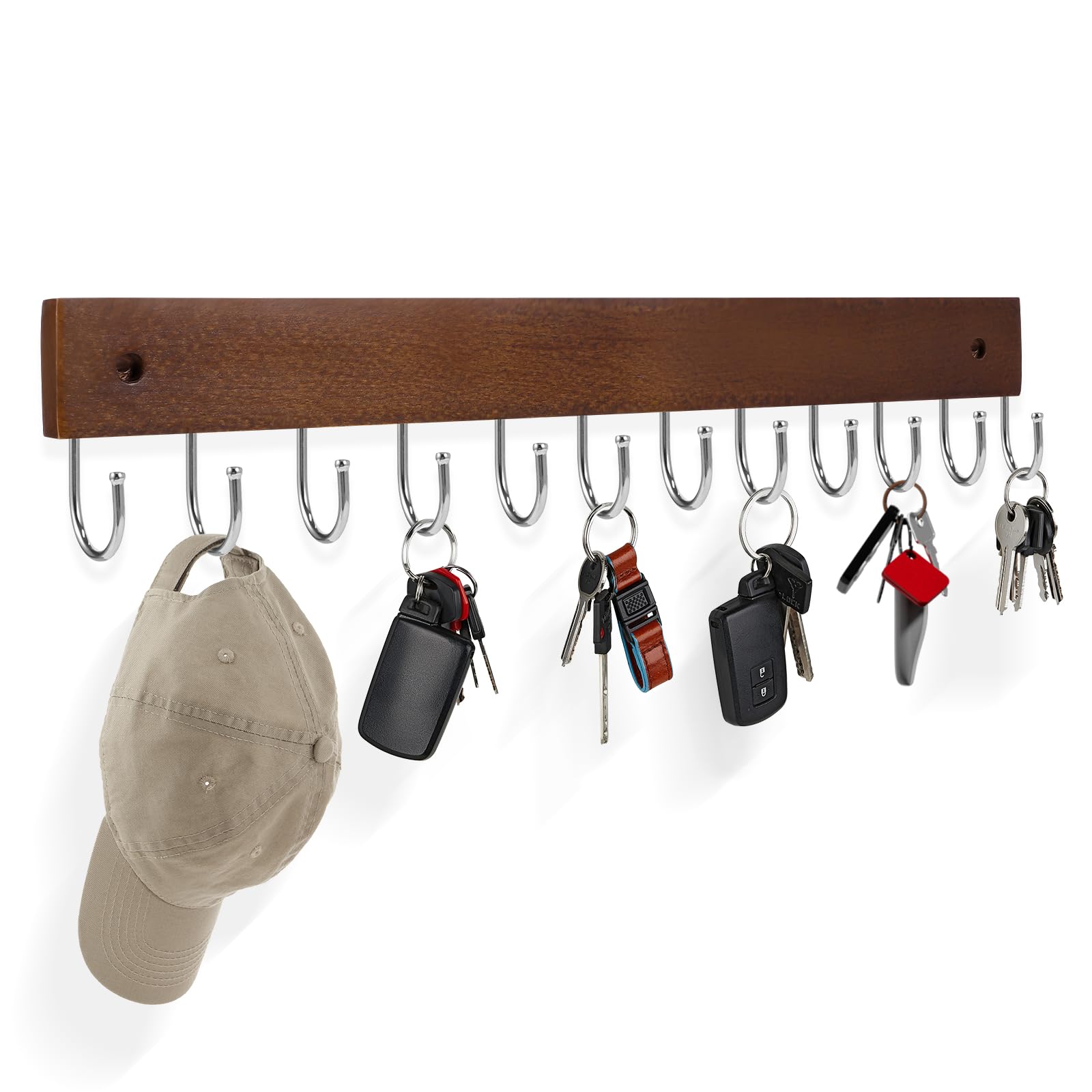 Wall-Mounted Wood Rack with 12 Swivel Hooks