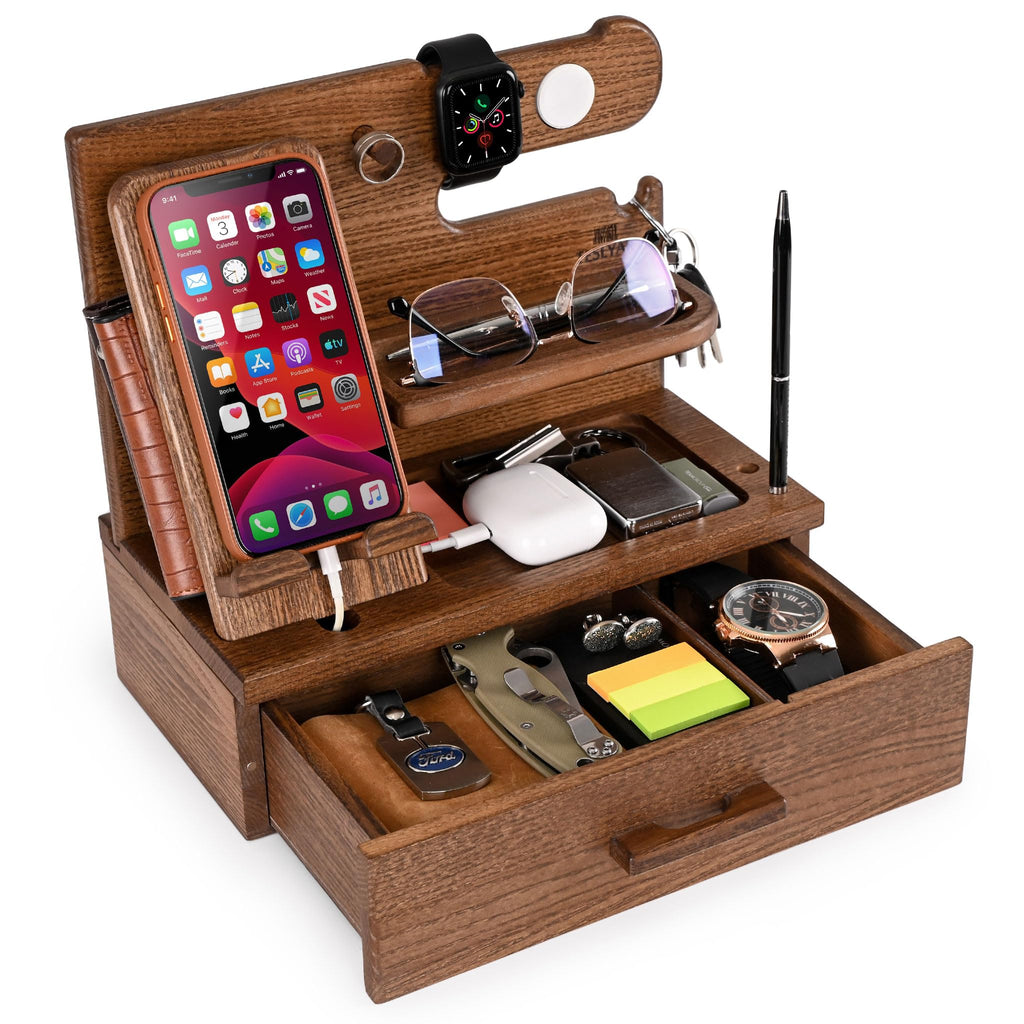 Phone Docking Station with Drawer, Solid Wood