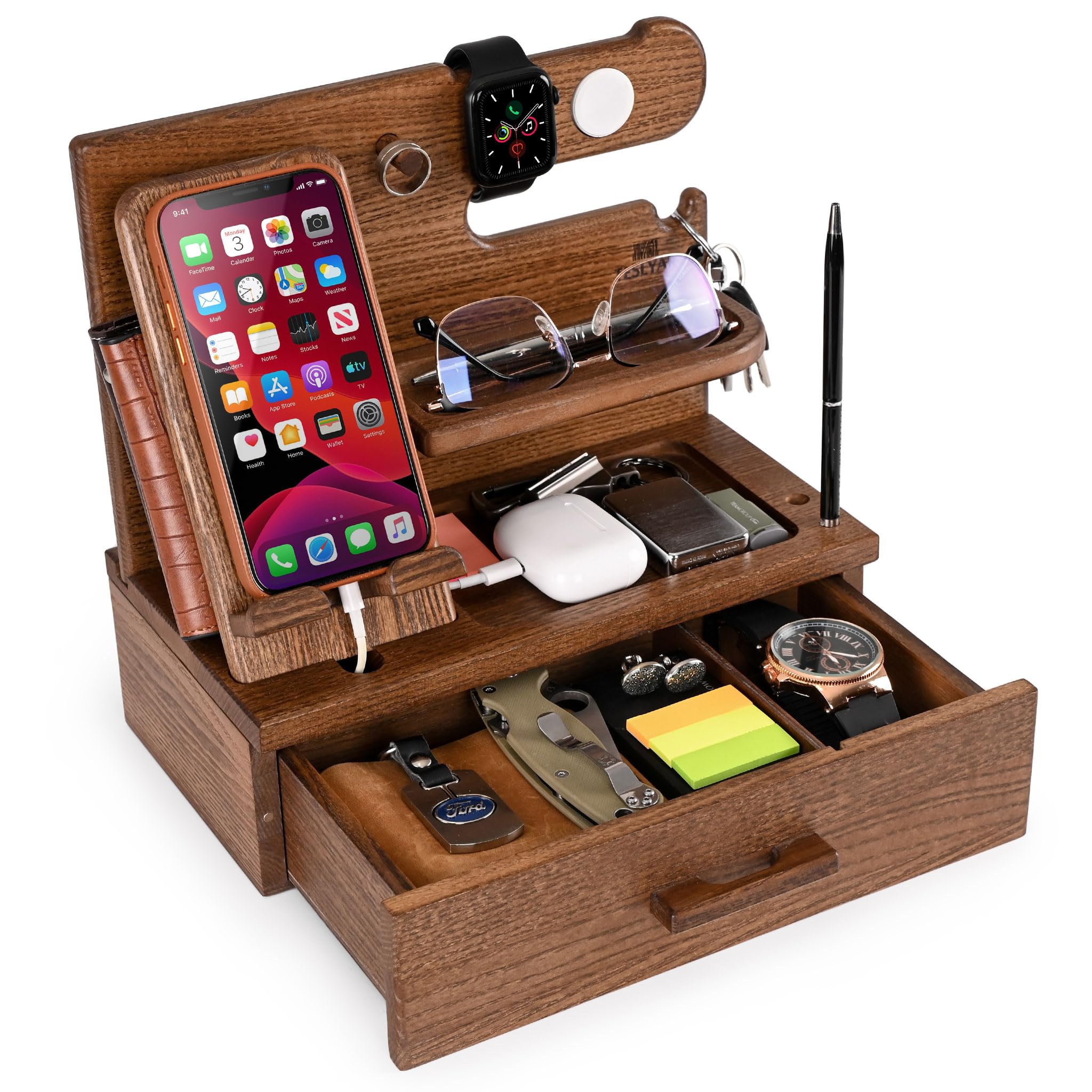 Phone Docking Station with Drawer, Solid Wood