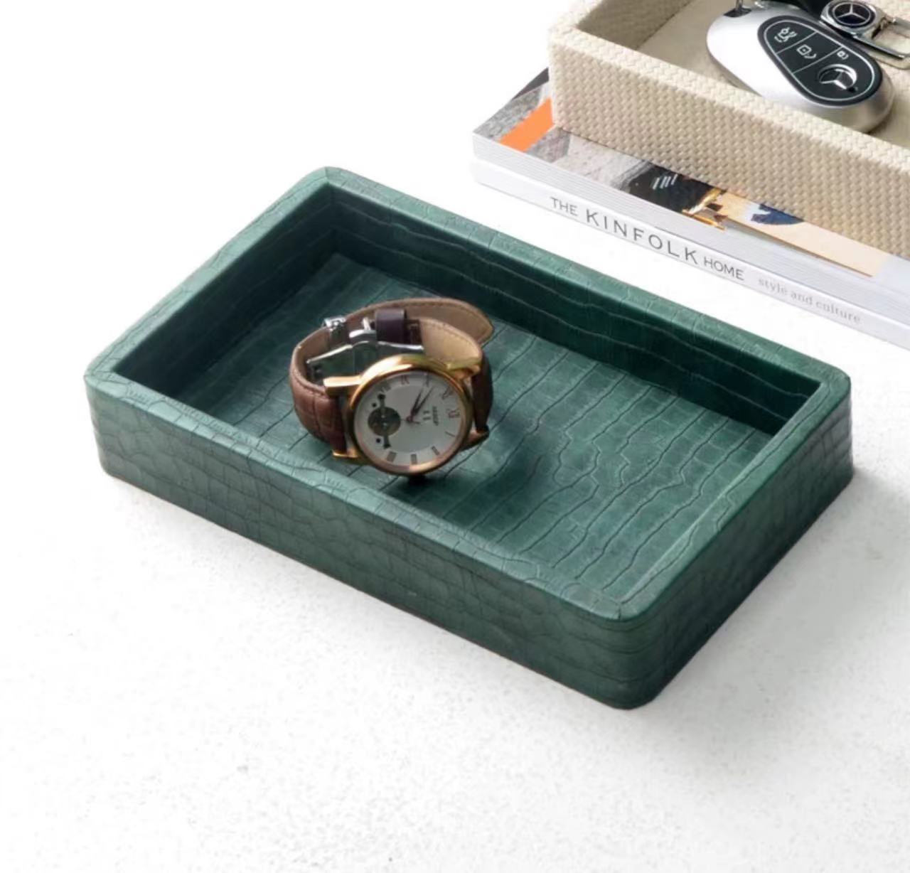 Leather and Wood Key Organizer Tray