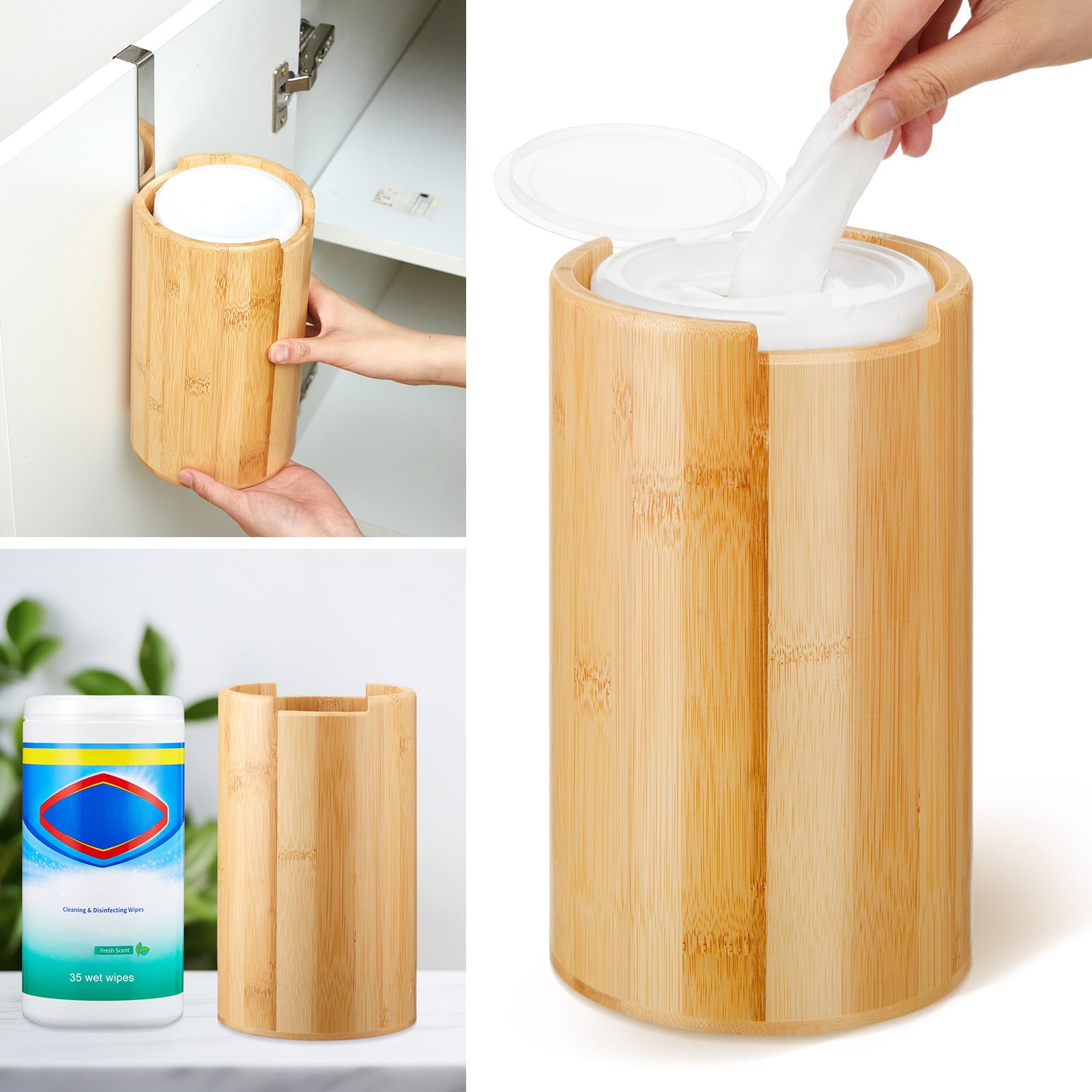Wall-Mounted Bamboo Wipes Dispenser with Hook