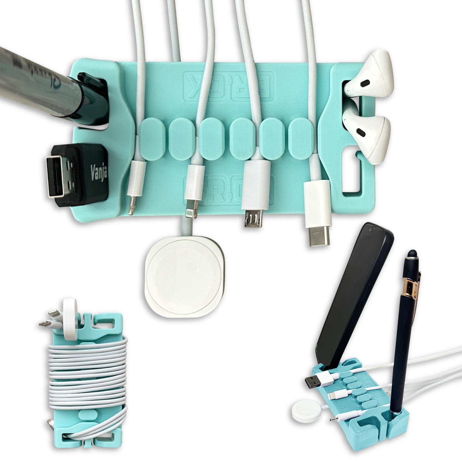 Cord Organizer and Phone Stand, Aqua
