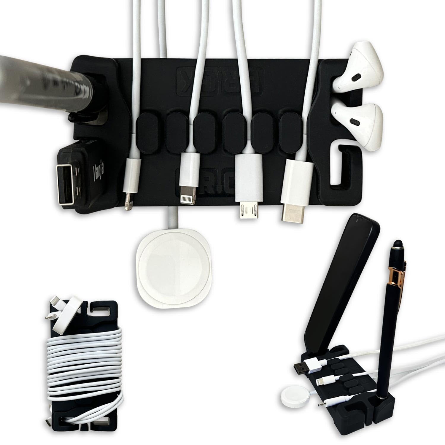 Cord Organizer and Phone Stand, Black