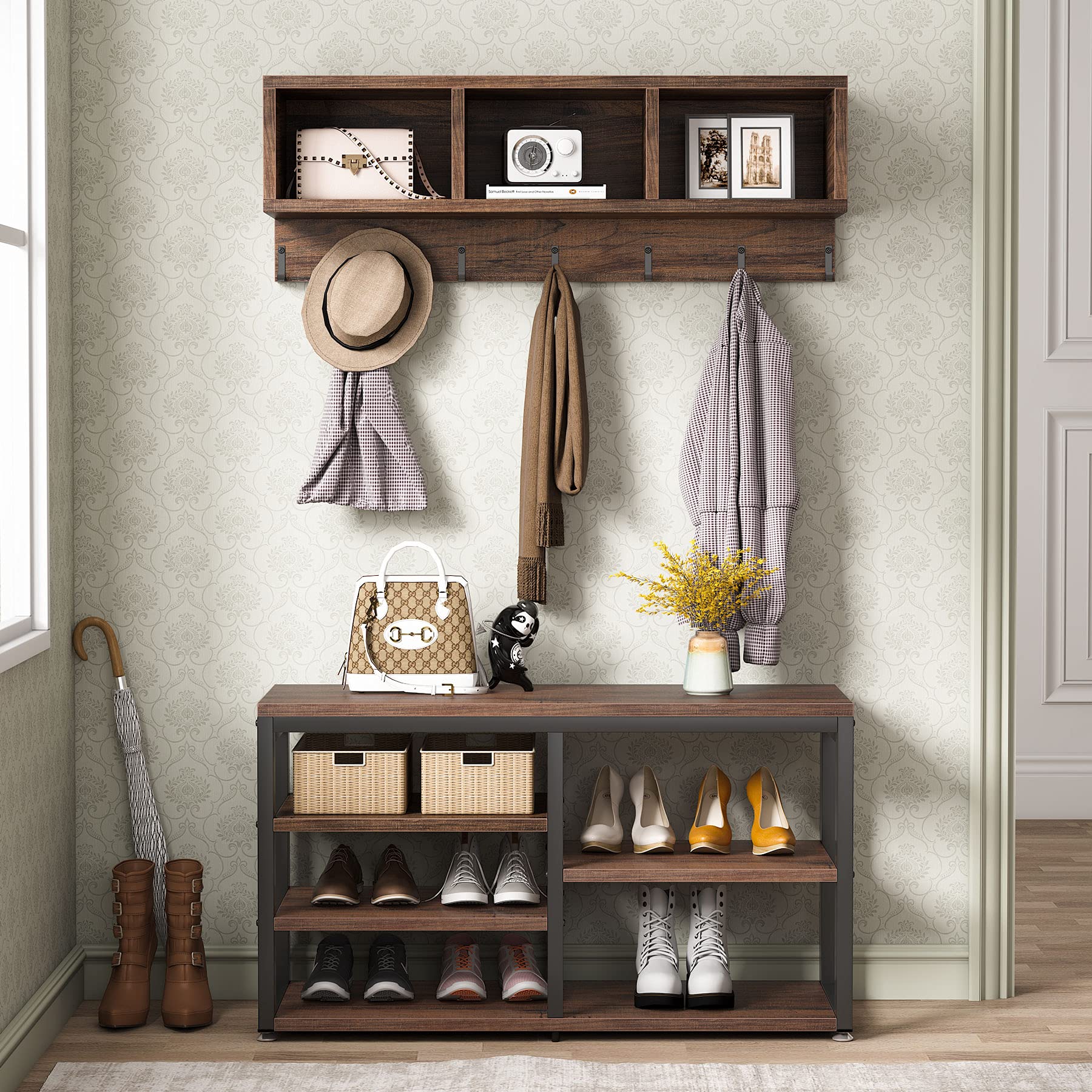 Entryway Hall Tree with Bench, Cubbies and 7 Hooks